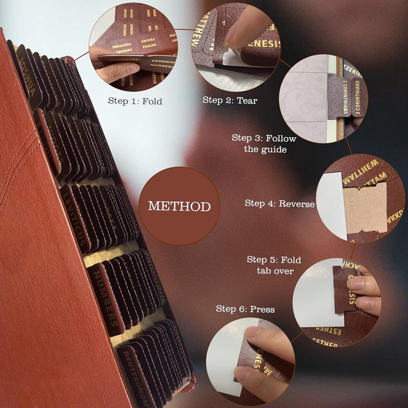 Erilano Bible Tabs for Women and Men - Leather Paper Bible Index Tabs - Large Gold Foil Laminated Tabs - Bible Journaling Supplies - 66 Bible Tabs for Old and New Testament,14 Blank tabs (Brown) - Image 3